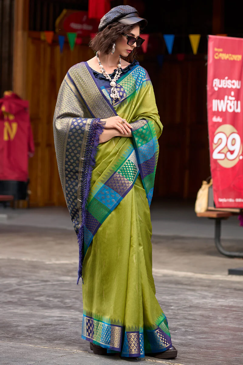 Exceptional Mehndi Soft Banarasi Silk Saree With Mesmeric Blouse Piece - Image 4
