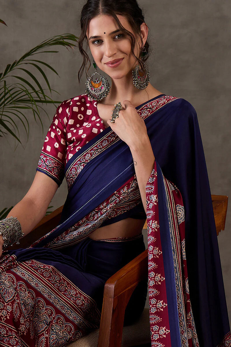 Exceptional Navy Blue Ajrakh Printed Semi Modal Silk Saree With Flameboyant Blouse Piece - Image 2