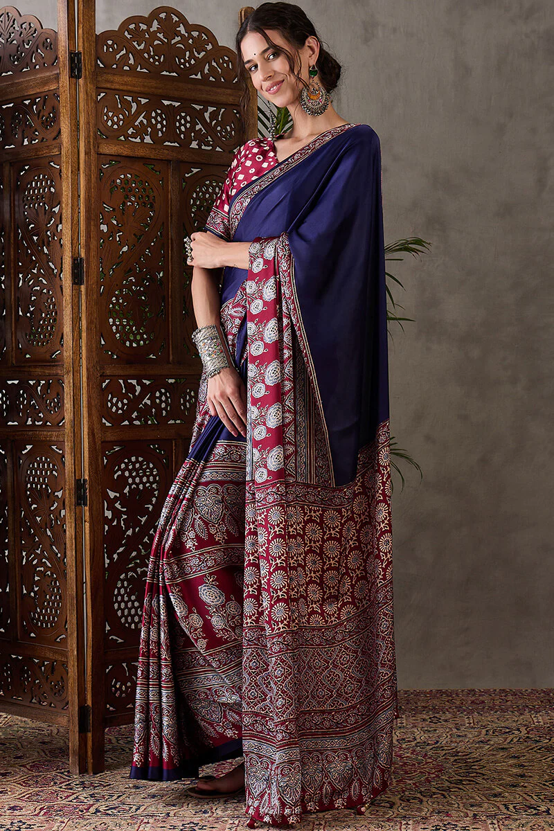 Exceptional Navy Blue Ajrakh Printed Semi Modal Silk Saree With Flameboyant Blouse Piece - Image 3