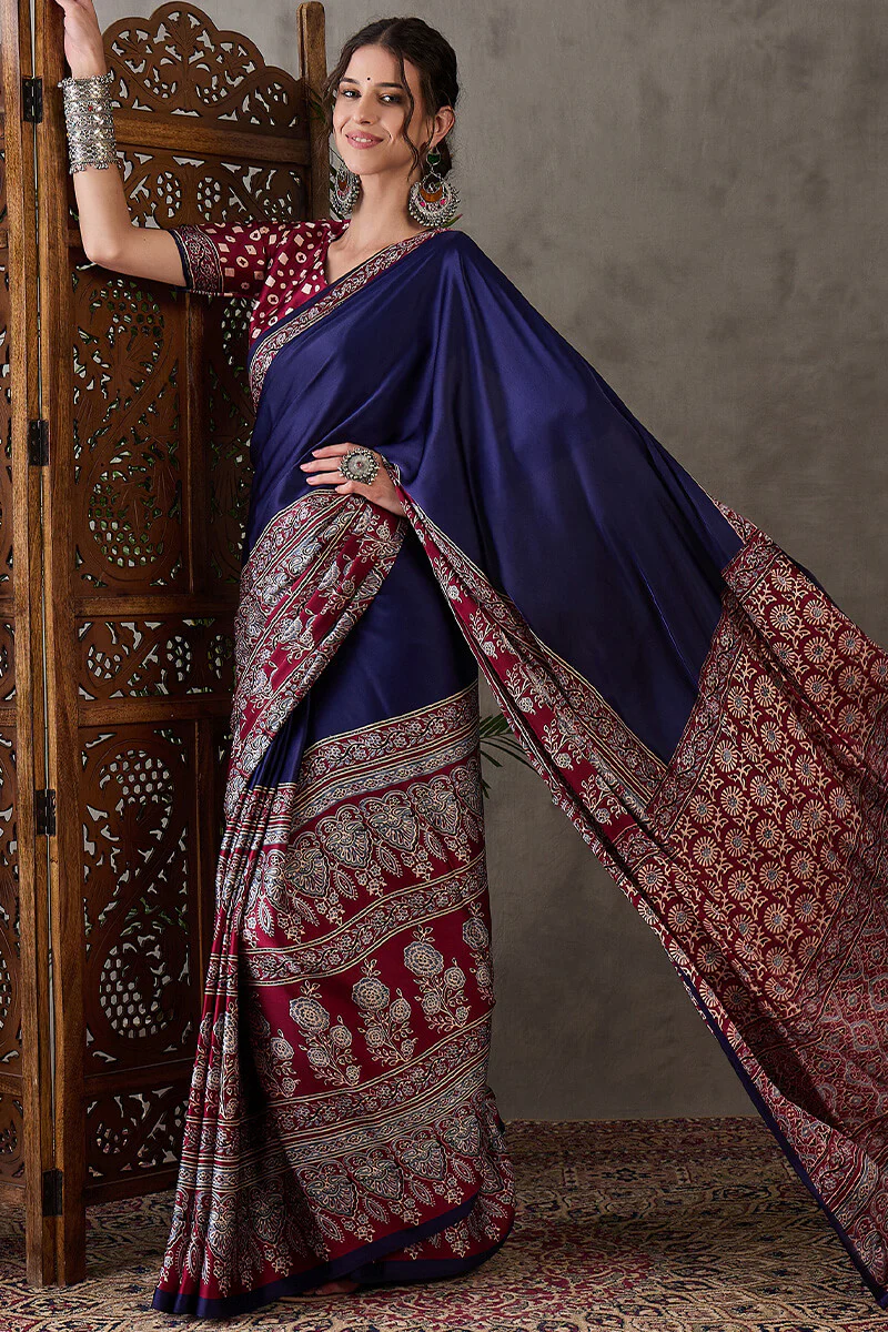 Exceptional Navy Blue Ajrakh Printed Semi Modal Silk Saree With Flameboyant Blouse Piece - Image 5