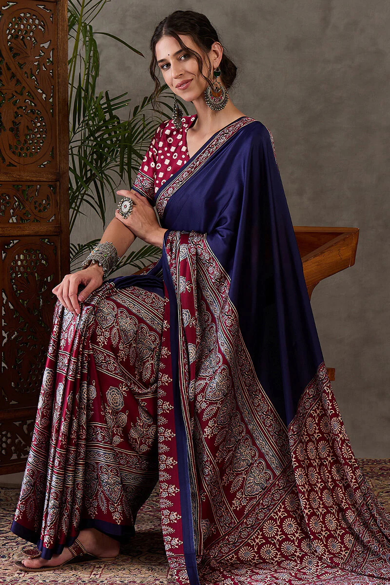 Exceptional Navy Blue Ajrakh Printed Semi Modal Silk Saree With Flameboyant Blouse Piece - Image 6