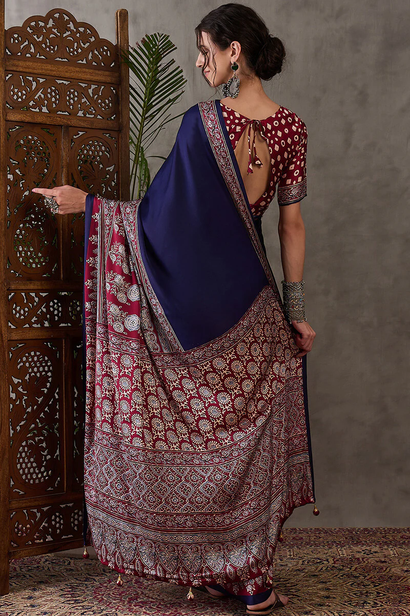 Exceptional Navy Blue Ajrakh Printed Semi Modal Silk Saree With Flameboyant Blouse Piece - Image 7