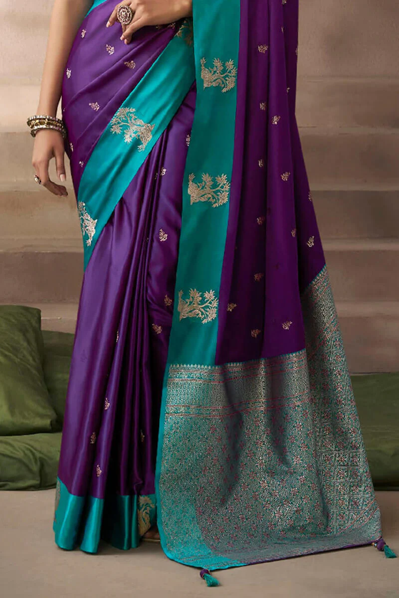 Exceptional Purple Banarasi Satin Silk Saree With Elision Blouse - Image 4