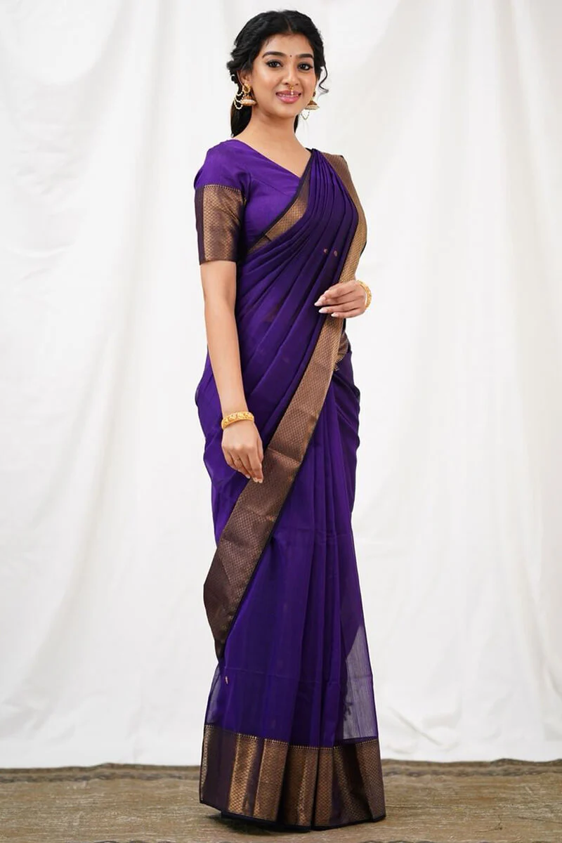 Exceptional Purple Cotton Silk Saree With Classic Blouse Piece - Image 3