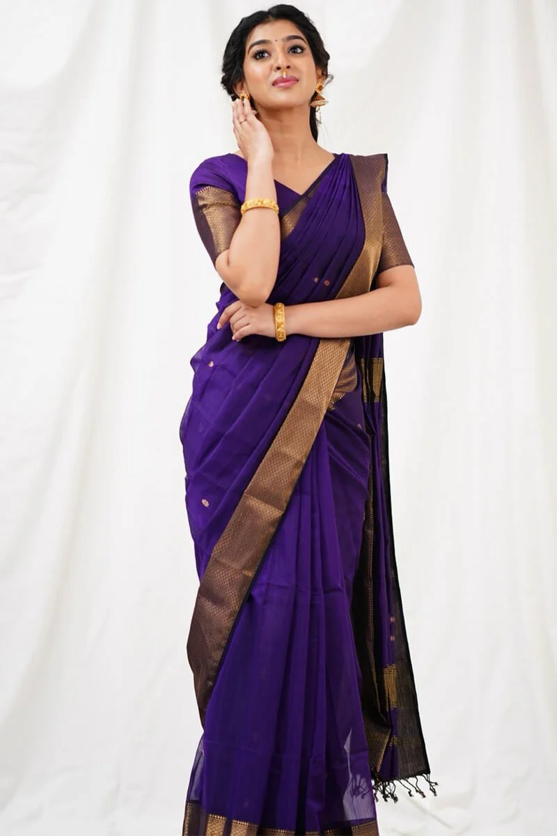 Exceptional Purple Cotton Silk Saree With Classic Blouse Piece - Image 4
