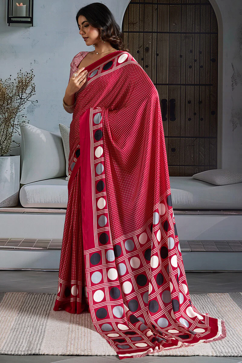 Exceptional Red Ajrakh Printed Satin Silk Saree With Scintillating Blouse Piece - Image 3
