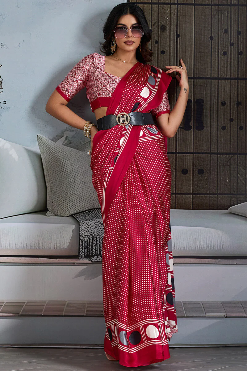 Exceptional Red Ajrakh Printed Satin Silk Saree With Scintillating Blouse Piece - Image 5