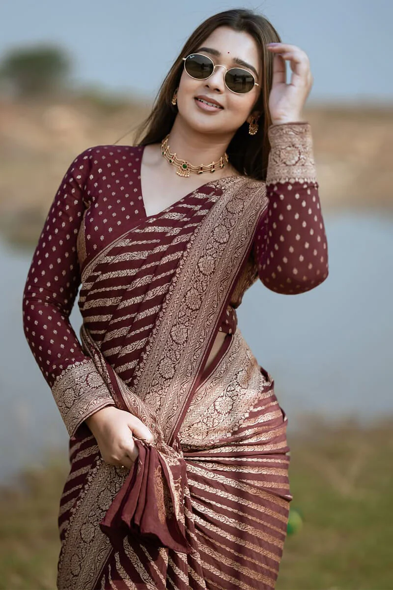 Exceptional Wine Soft Silk Saree With Cynosure Blouse Piece - Image 6