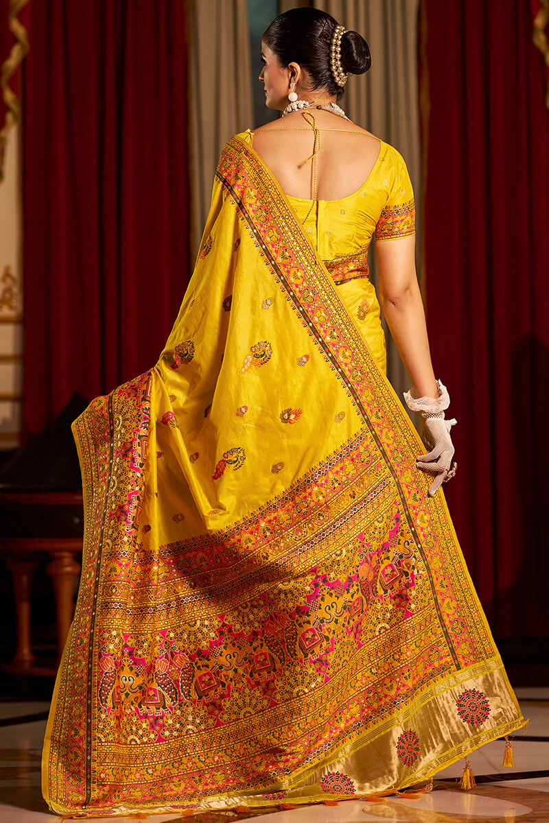 Exceptional Yellow Pashmina Saree With Pleasurable Blouse Piece - Image 5