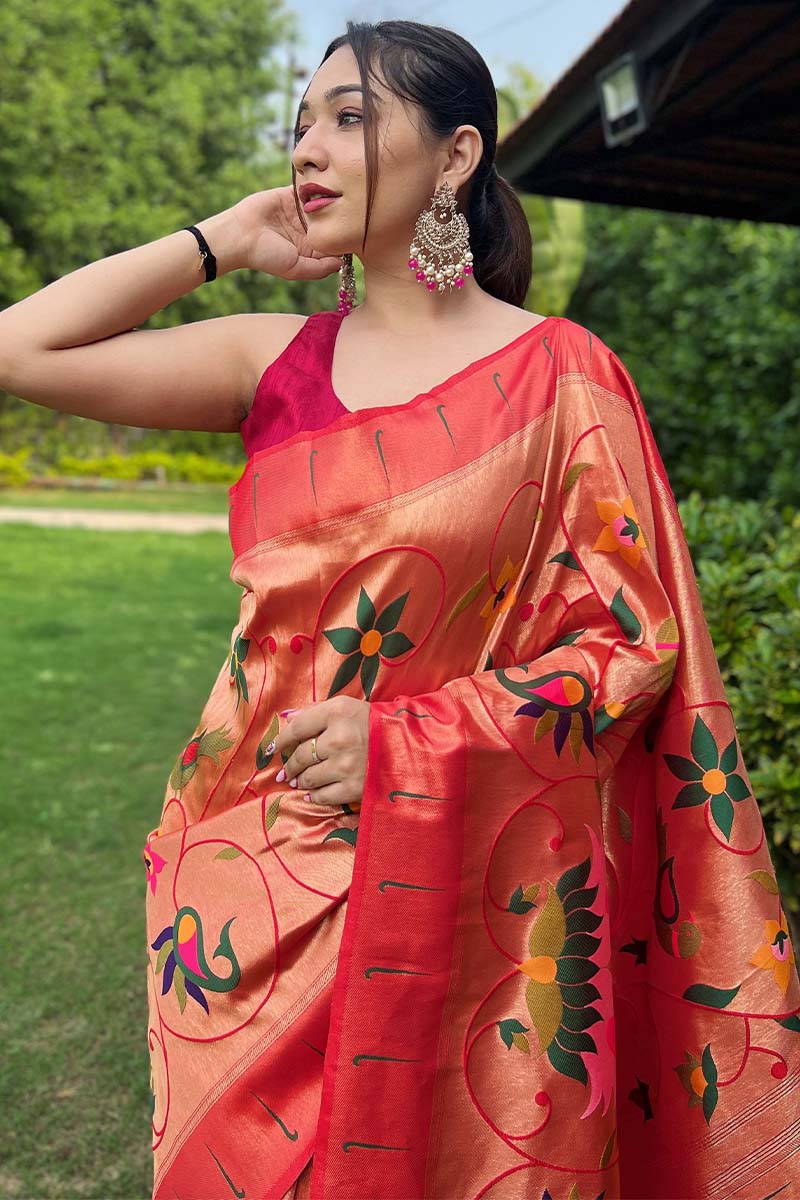 Exemplary Red Paithani Silk Saree With Staring Blouse Piece - Image 2
