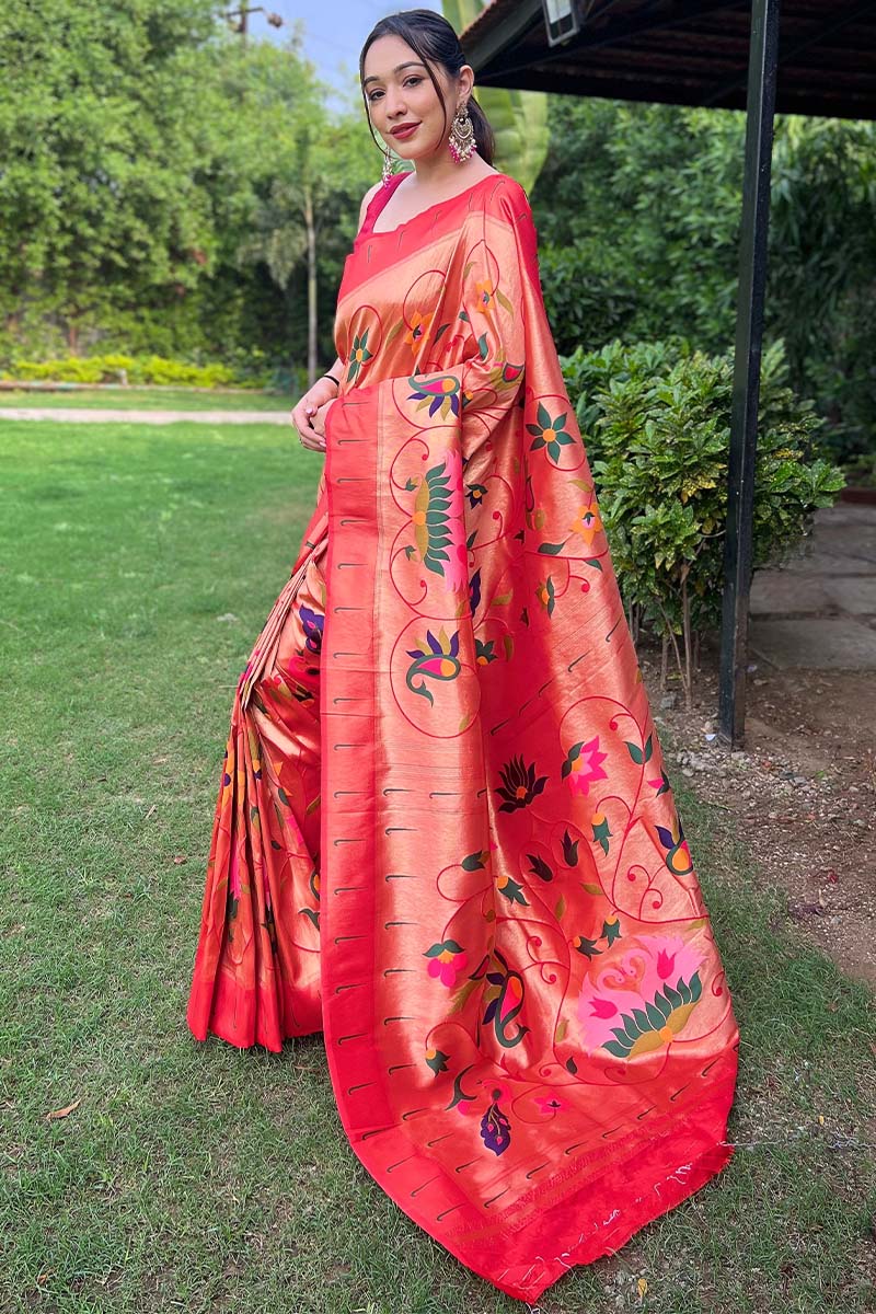 Exemplary Red Paithani Silk Saree With Staring Blouse Piece - Image 3