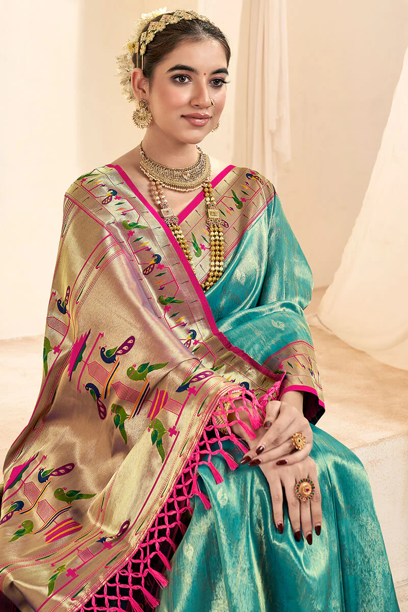 Exemplary Sea Green Paithani Silk Saree With Rhapsody Blouse Piece - Image 2