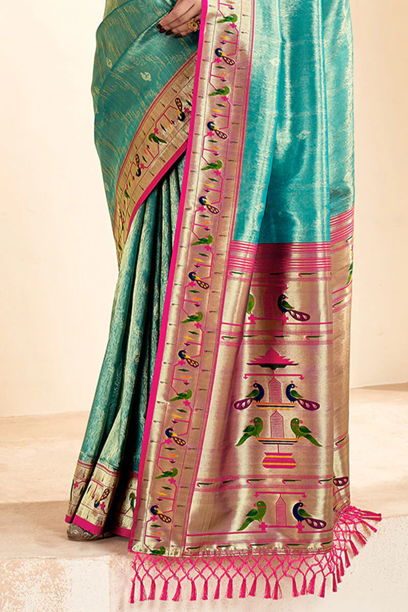 Exemplary Sea Green Paithani Silk Saree With Rhapsody Blouse Piece - Image 3