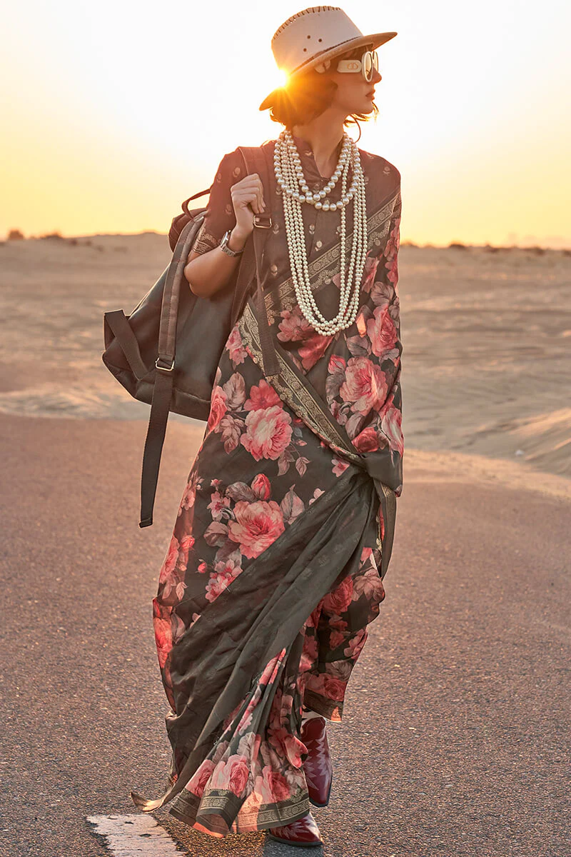 Exquisite Black Digital Printed Tussar Silk Saree With Groovy Blouse Piece - Image 3