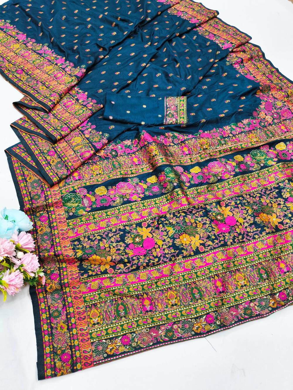 Exquisite Blue Nylon Dola Pashmina Saree With Lustrous Blouse Piece - Image 5
