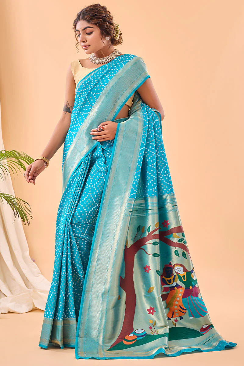 Exquisite Firozi Paithani Silk Saree With Precious Blouse Piece - Image 3
