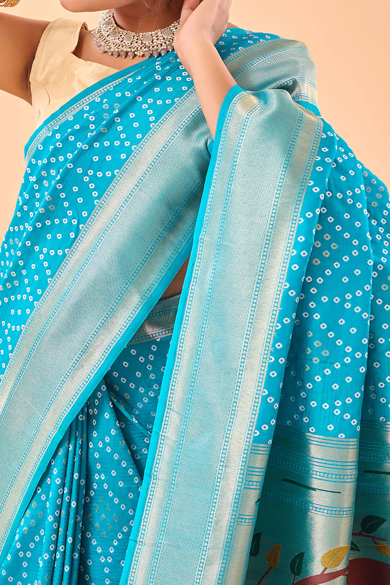 Exquisite Firozi Paithani Silk Saree With Precious Blouse Piece - Image 5