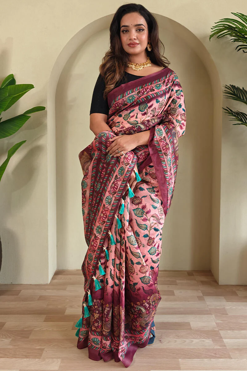 Exquisite Pink Kalamkari Printed Saree With Resonant Blouse Piece - Image 3