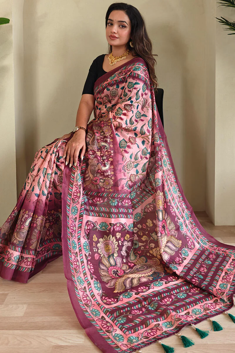 Exquisite Pink Kalamkari Printed Saree With Resonant Blouse Piece - Image 4