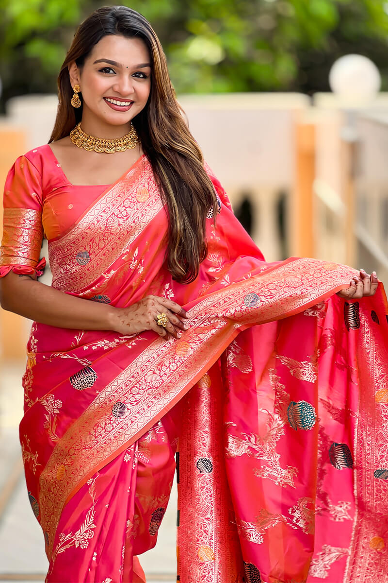 Exquisite Pink Soft Banarasi Silk Saree With Stunner Blouse Piece - Image 5