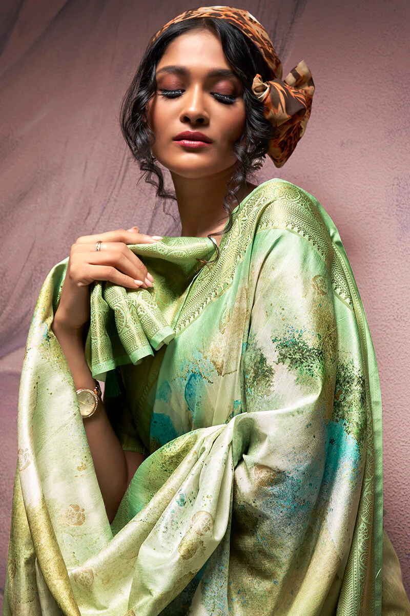 Exquisite Pista Digital Printed Soft Silk Saree With Excellent Blouse Piece - Image 2