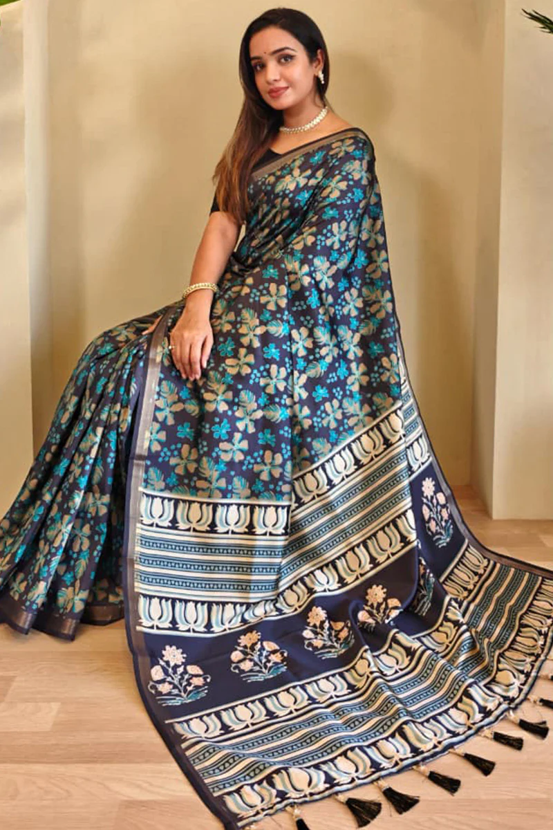 Exquisite Rama Viscose Dola Silk Printed Saree With Traditional Blouse Piece - Image 4