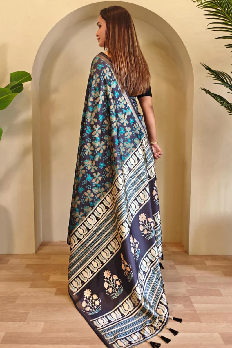 Exquisite Rama Viscose Dola Silk Printed Saree With Traditional Blouse Piece - Image 5