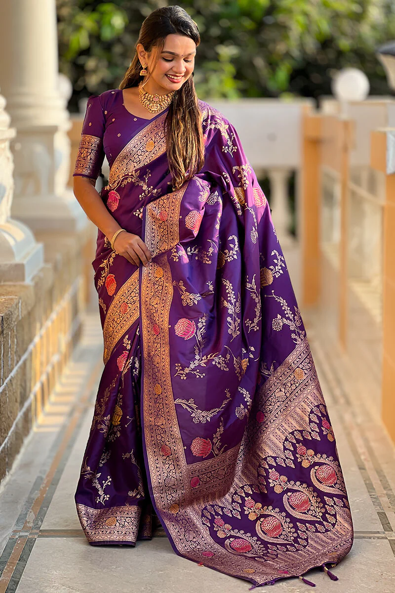 Exquisite Royal Purple Soft Banarasi Silk Saree With Splendorous Blouse Piece - Image 3