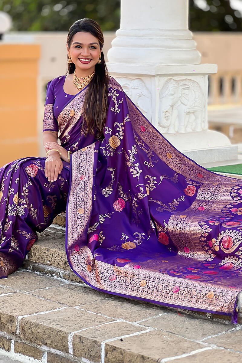 Exquisite Royal Purple Soft Banarasi Silk Saree With Splendorous Blouse Piece - Image 4