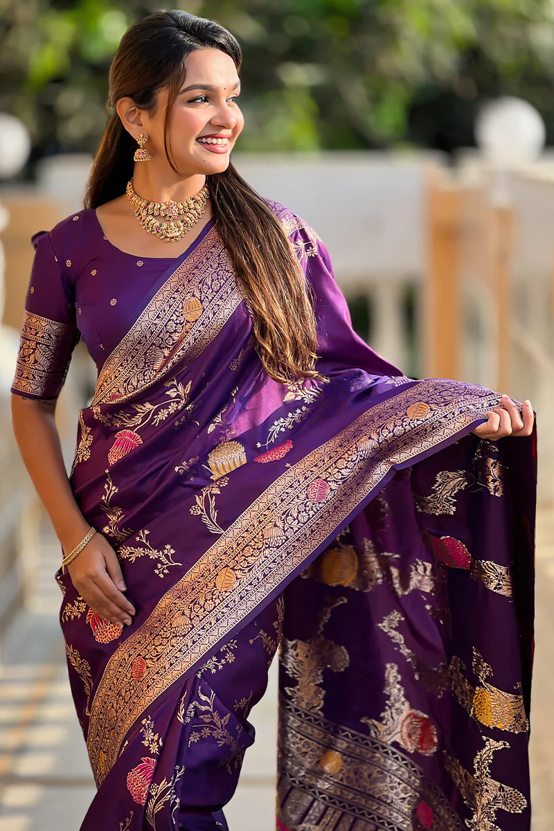 Exquisite Royal Purple Soft Banarasi Silk Saree With Splendorous Blouse Piece - Image 6