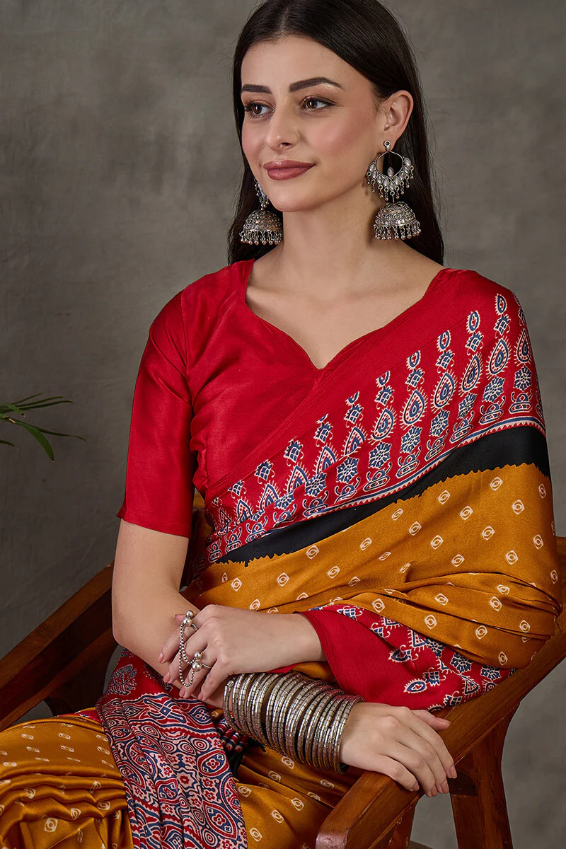 Exquisite Yellow Ajrakh Printed Semi Modal Silk Saree With Evocative Blouse Piece - Image 2