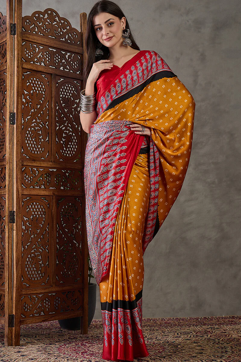 Exquisite Yellow Ajrakh Printed Semi Modal Silk Saree With Evocative Blouse Piece - Image 3