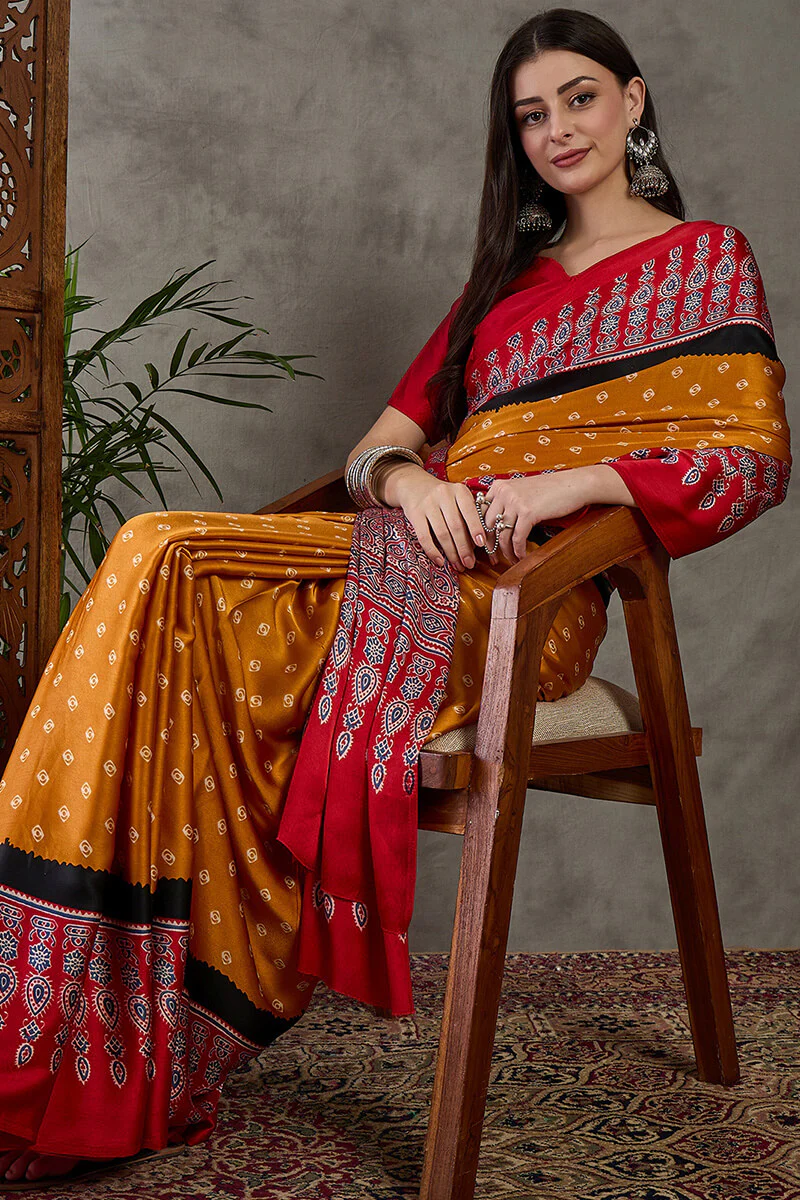 Exquisite Yellow Ajrakh Printed Semi Modal Silk Saree With Evocative Blouse Piece - Image 4