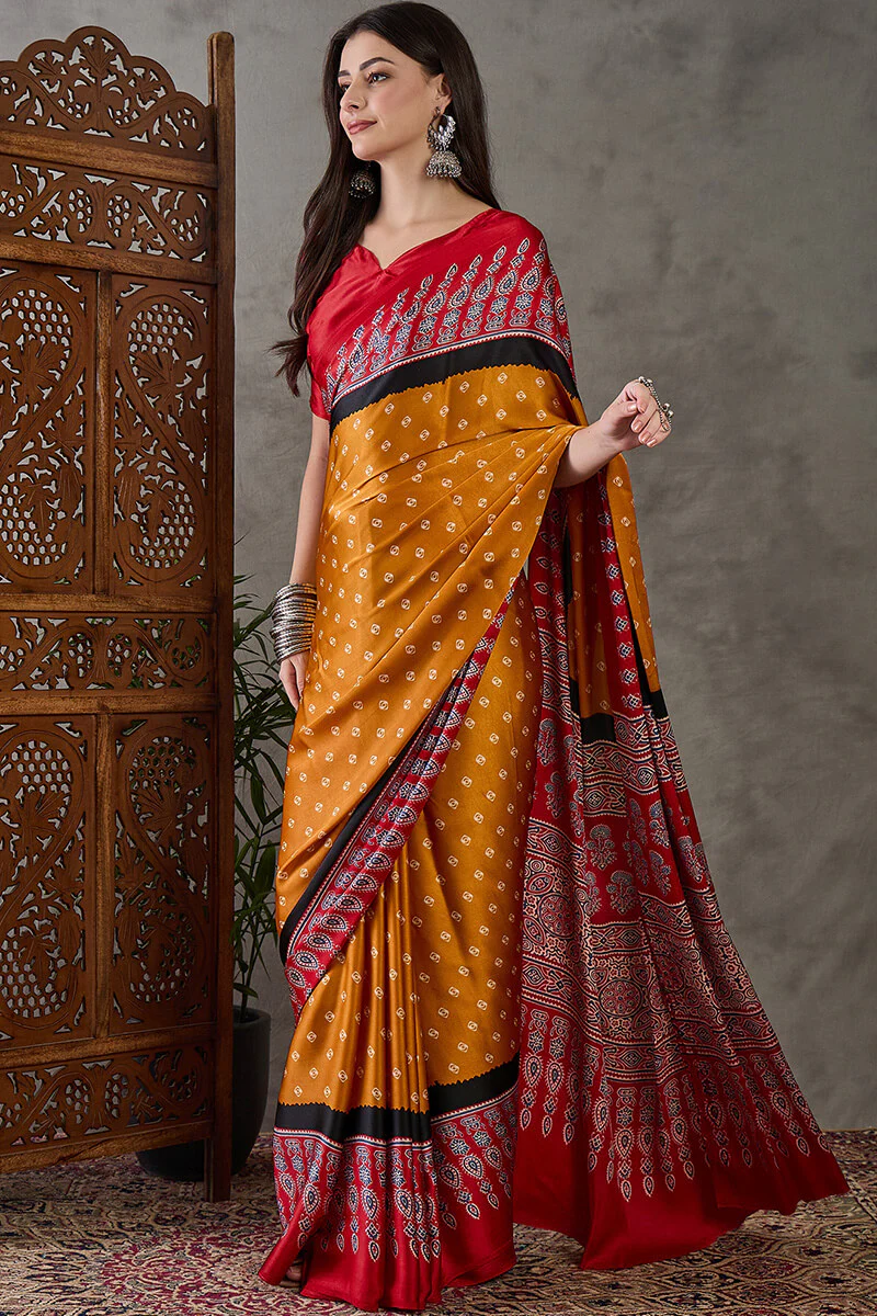Exquisite Yellow Ajrakh Printed Semi Modal Silk Saree With Evocative Blouse Piece - Image 5