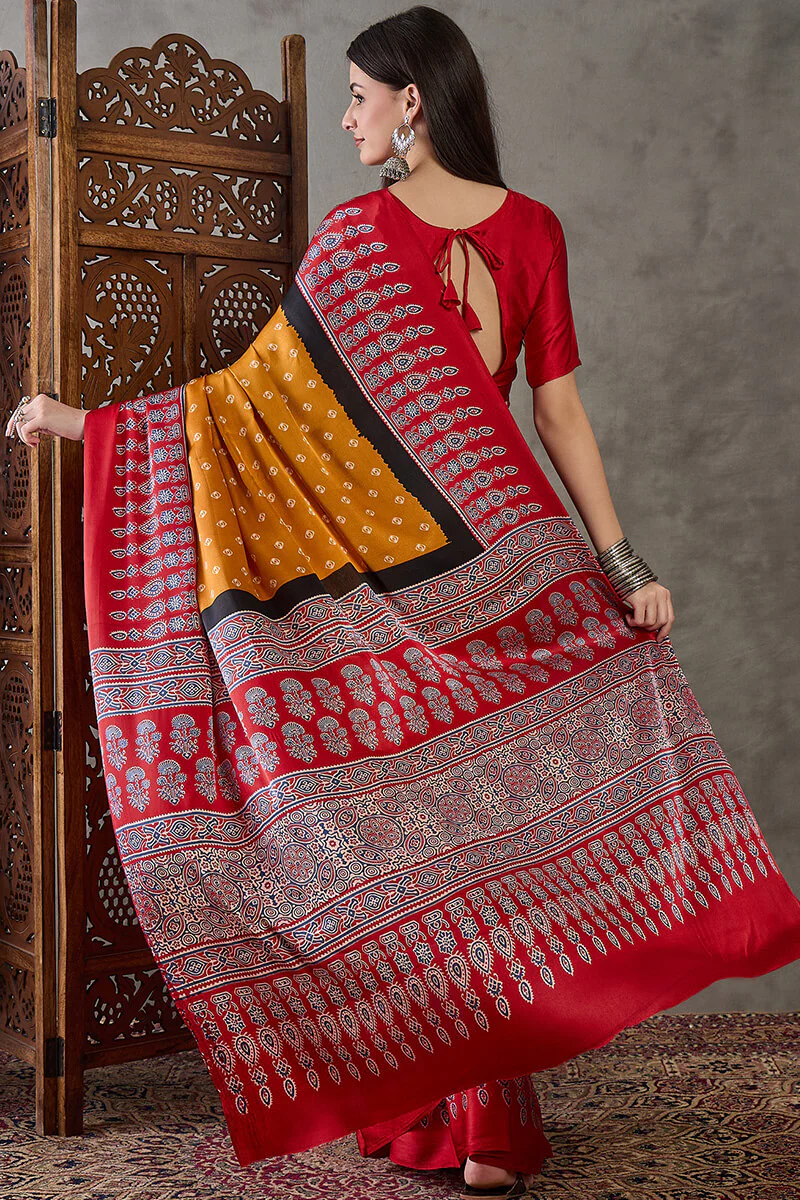 Exquisite Yellow Ajrakh Printed Semi Modal Silk Saree With Evocative Blouse Piece - Image 7