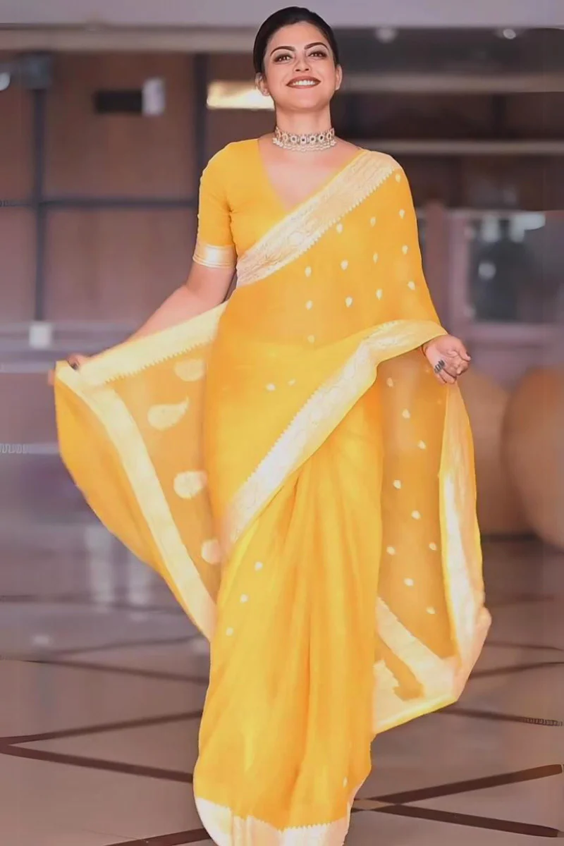 Exquisite Yellow Soft Silk Saree With Profuse Blouse Piece - Image 3