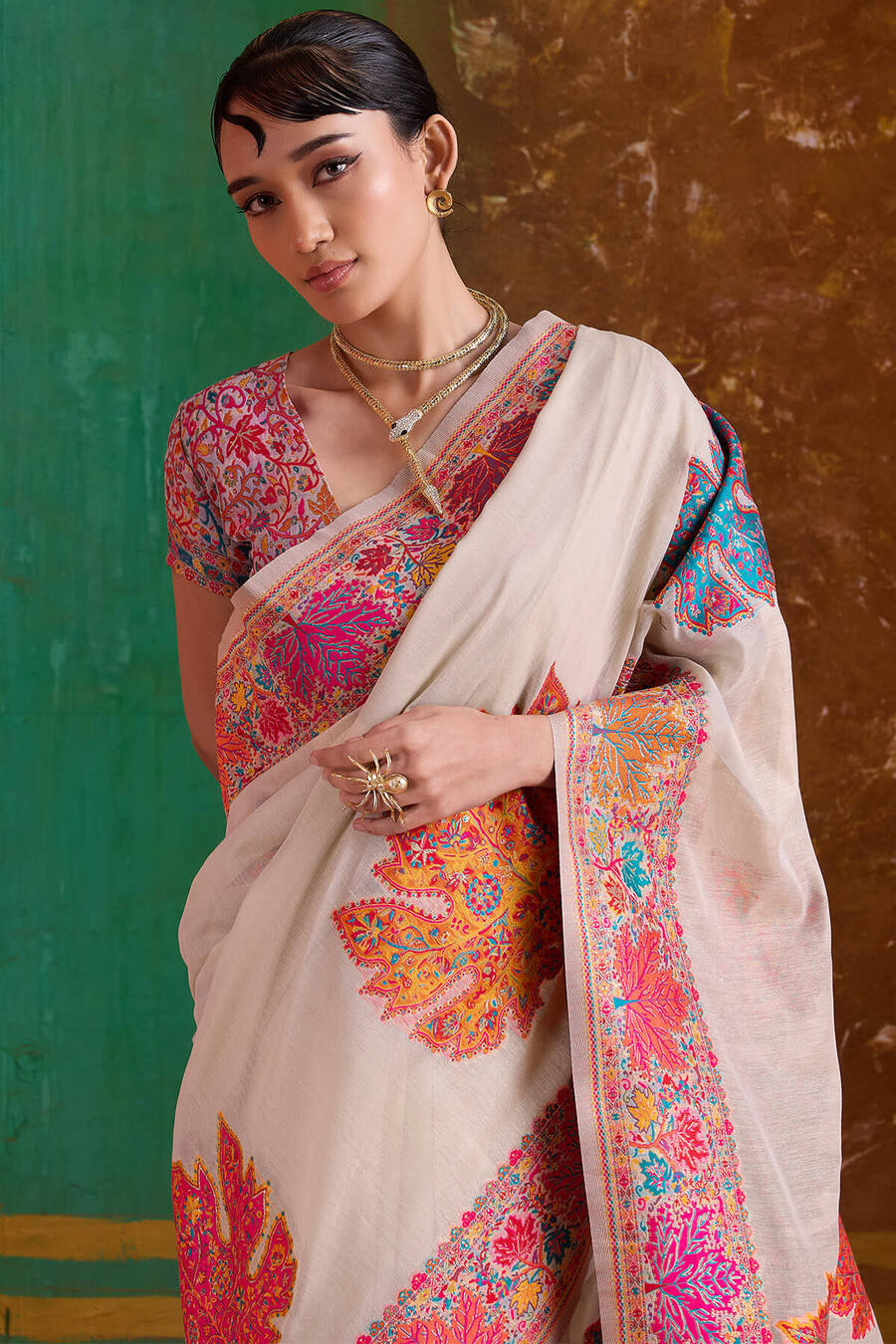 Extraordinary Beige Pashmina Saree With Pleasant Blouse Piece - Image 2