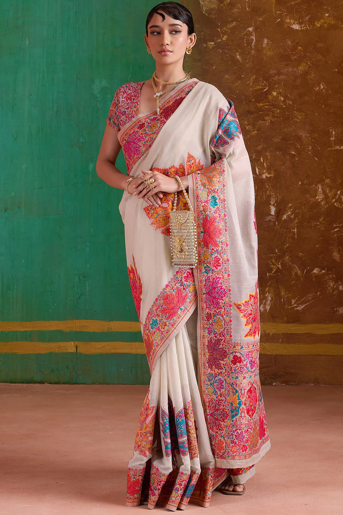 Extraordinary Beige Pashmina Saree With Pleasant Blouse Piece - Image 3