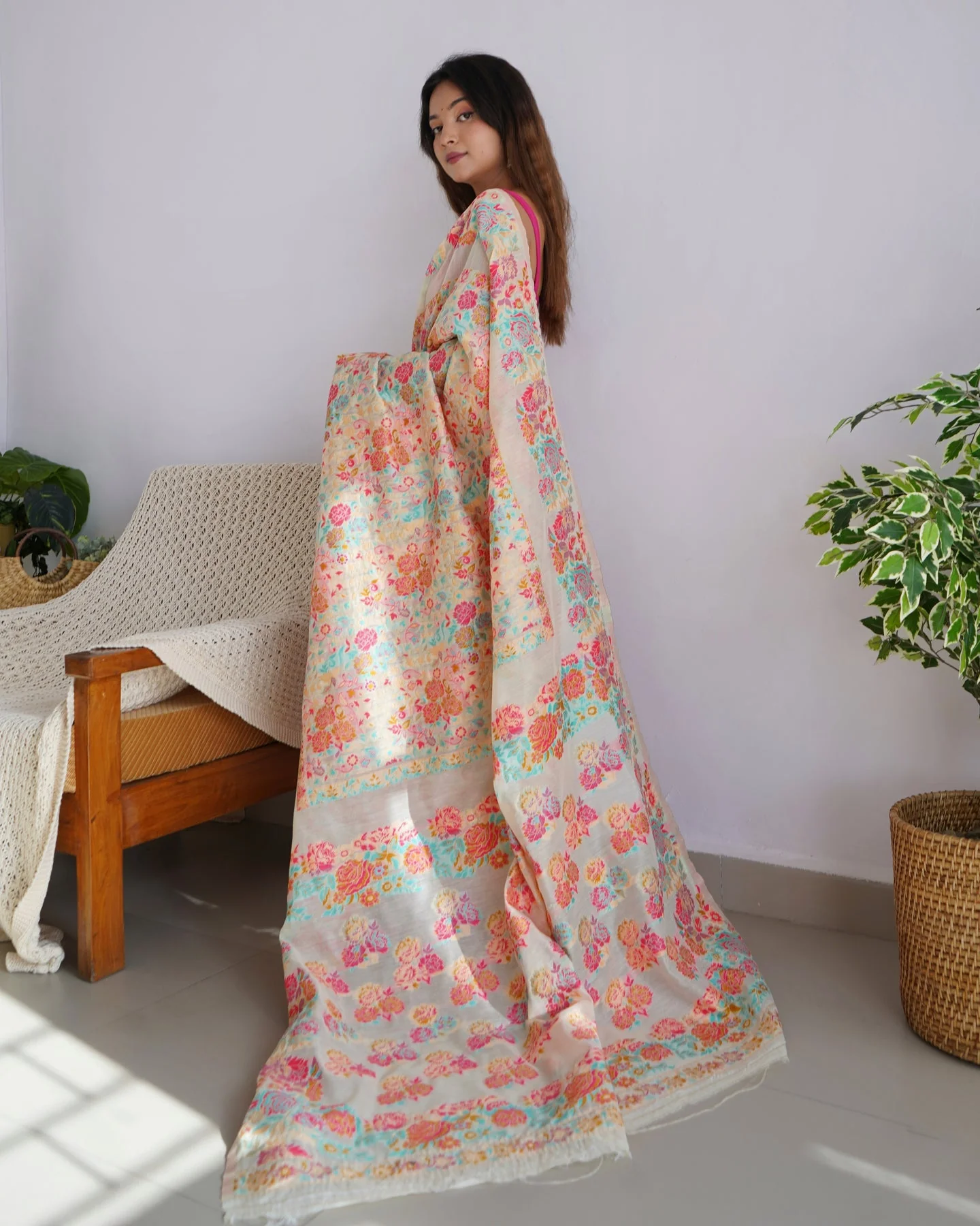 Extraordinary Beige Pashmina saree With Precious Blouse Piece - Image 3
