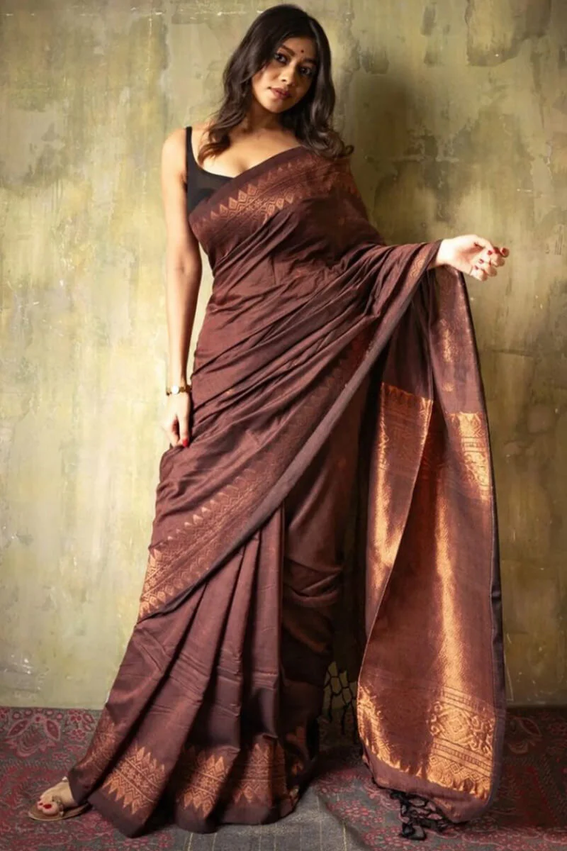Extraordinary Brown Soft Silk Saree With Intricate Blouse Piece - Image 3