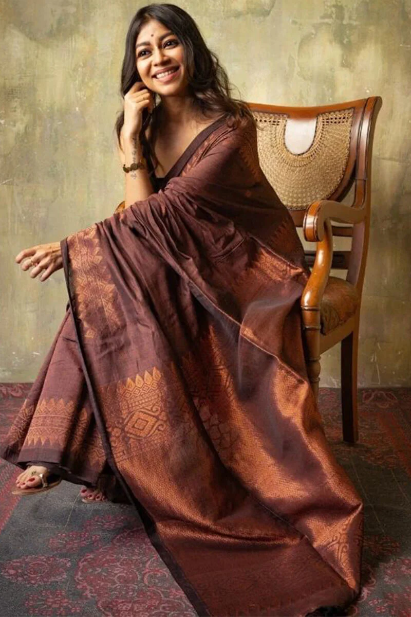 Extraordinary Brown Soft Silk Saree With Intricate Blouse Piece - Image 7
