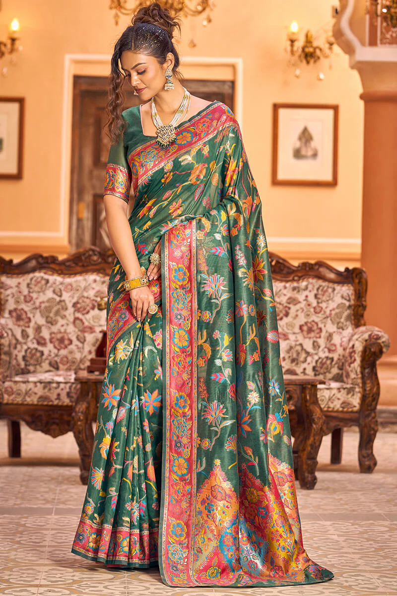 Extraordinary Dark Green Linen Silk Saree With Ethnic Blouse Piece - Image 3