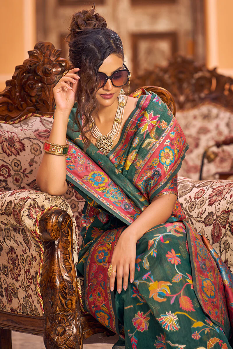 Extraordinary Dark Green Linen Silk Saree With Ethnic Blouse Piece - Image 7
