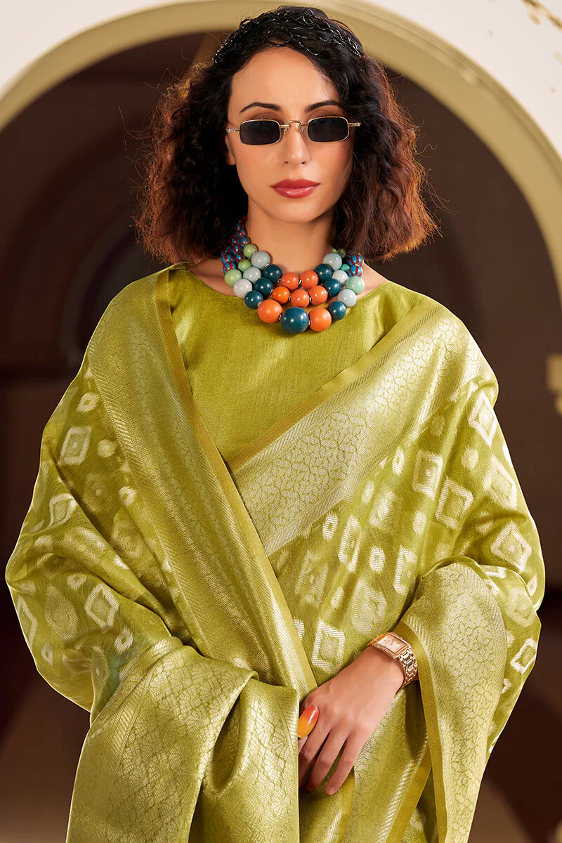 Extraordinary Mehndi Soft Banarasi Tissue Silk Saree With Sizzling Blouse Piece - Image 2