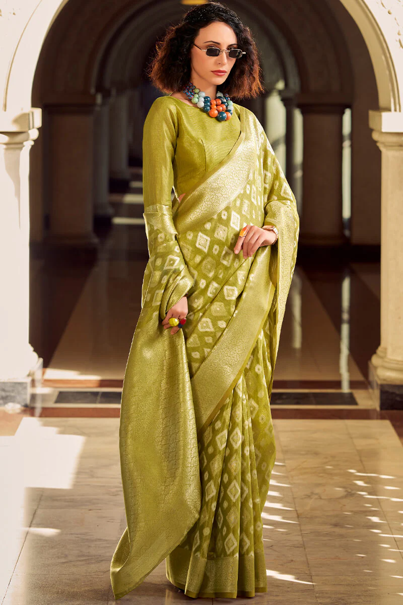 Extraordinary Mehndi Soft Banarasi Tissue Silk Saree With Sizzling Blouse Piece - Image 3