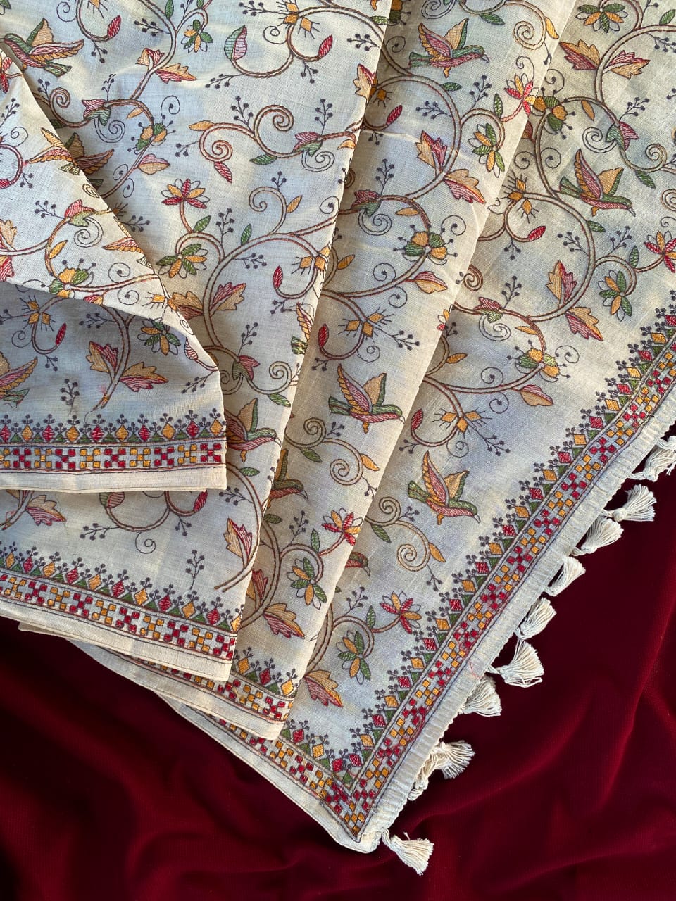 Extraordinary Off White Embroidery Work Tussar Silk Saree With Supernal Blouse Piece - Image 2