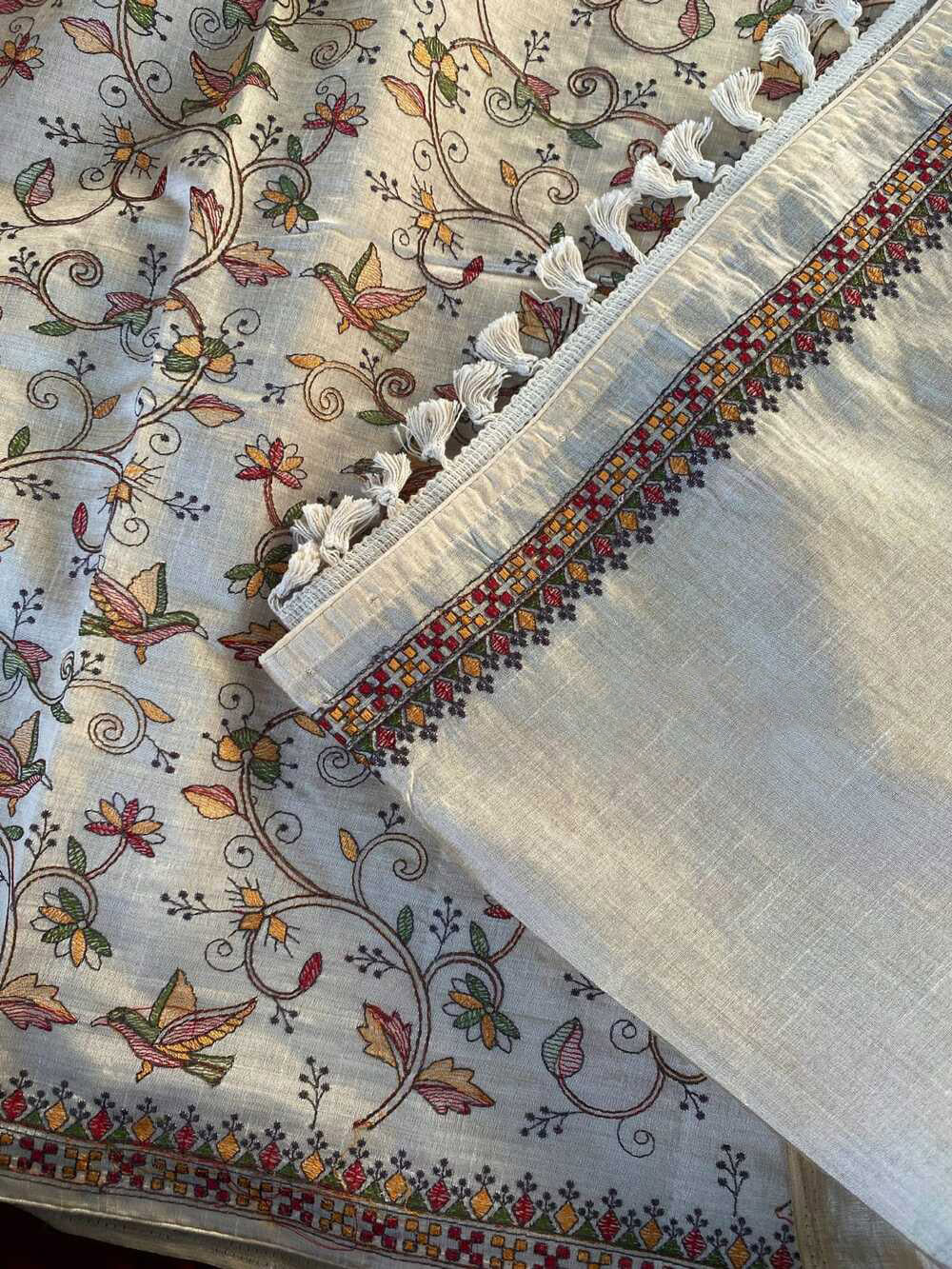 Extraordinary Off White Embroidery Work Tussar Silk Saree With Supernal Blouse Piece - Image 3