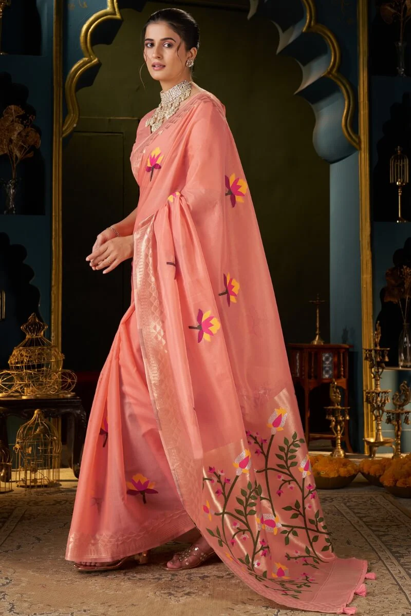 Extraordinary Peach Cotton Silk Saree With Glittering Blouse Piece - Image 3