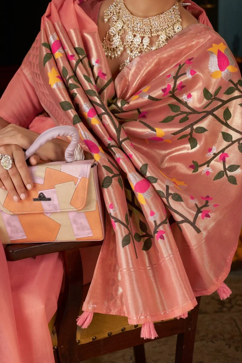 Extraordinary Peach Cotton Silk Saree With Glittering Blouse Piece - Image 4
