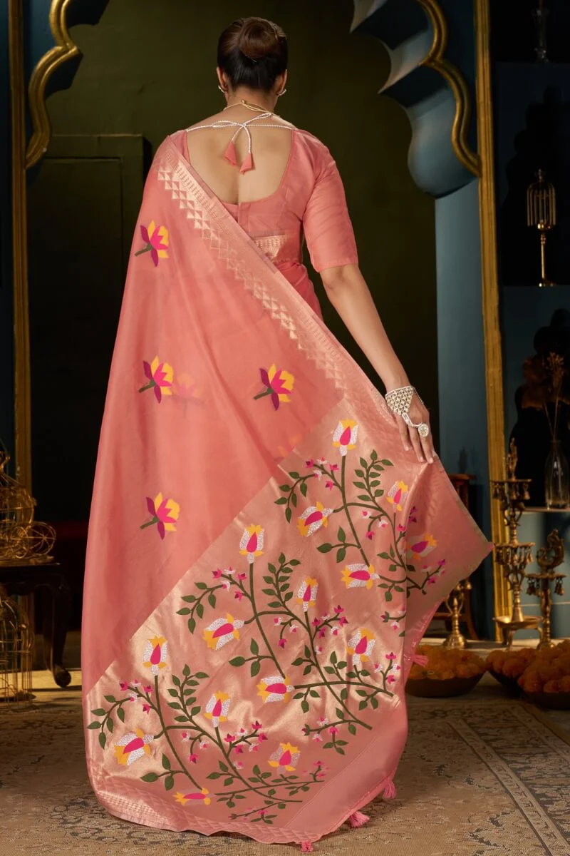 Extraordinary Peach Cotton Silk Saree With Glittering Blouse Piece - Image 6